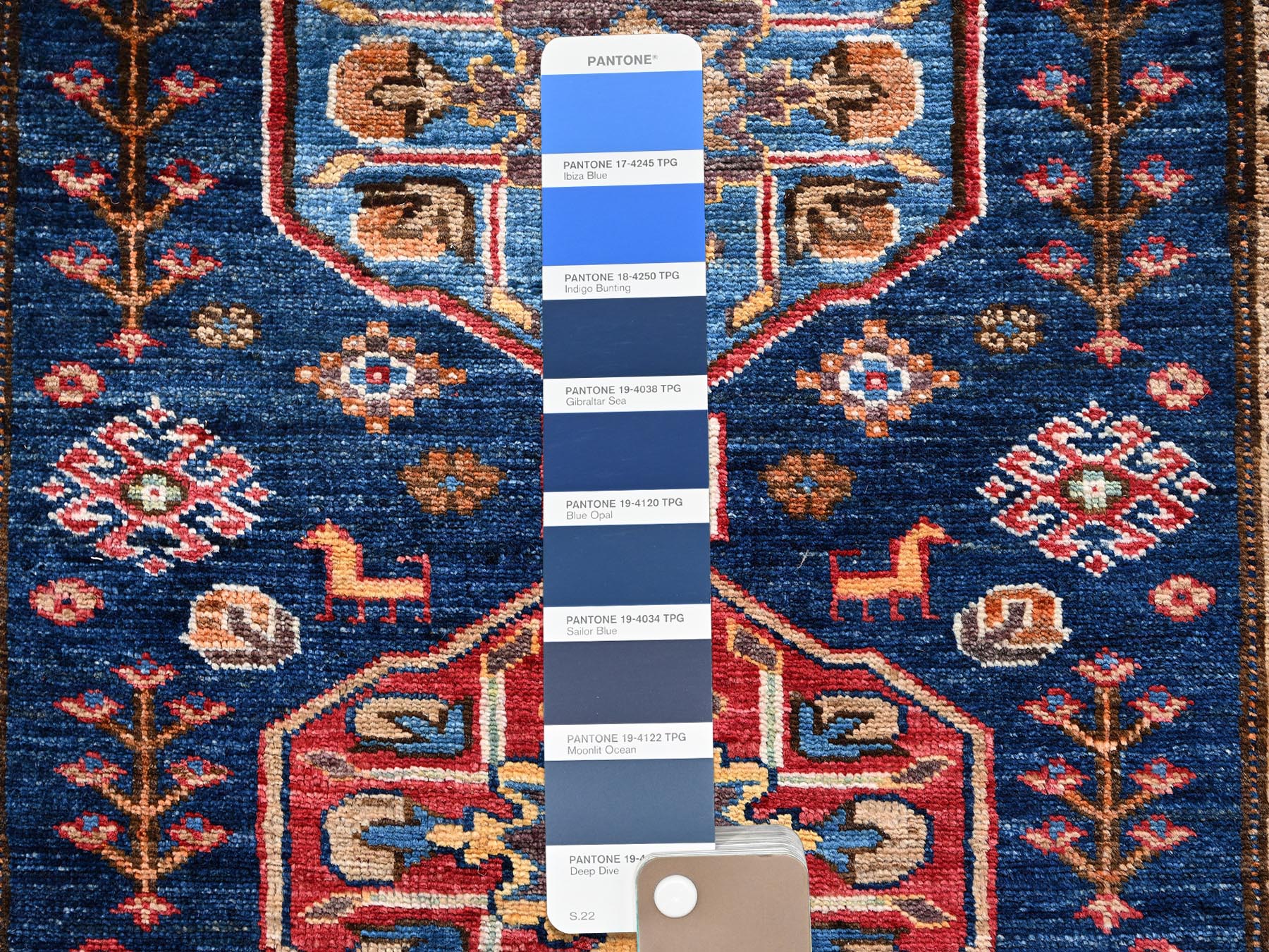 2'10"x7'2" Yale Blue, Hand Knotted, Afghan Ersari with Turkish Knot, Antique Caucasian Motif, Animal Figurines, Vegetable Dyes, Densely Woven, Soft and Velvety Wool, Runner, Oriental Rug HR2781 - Image 4