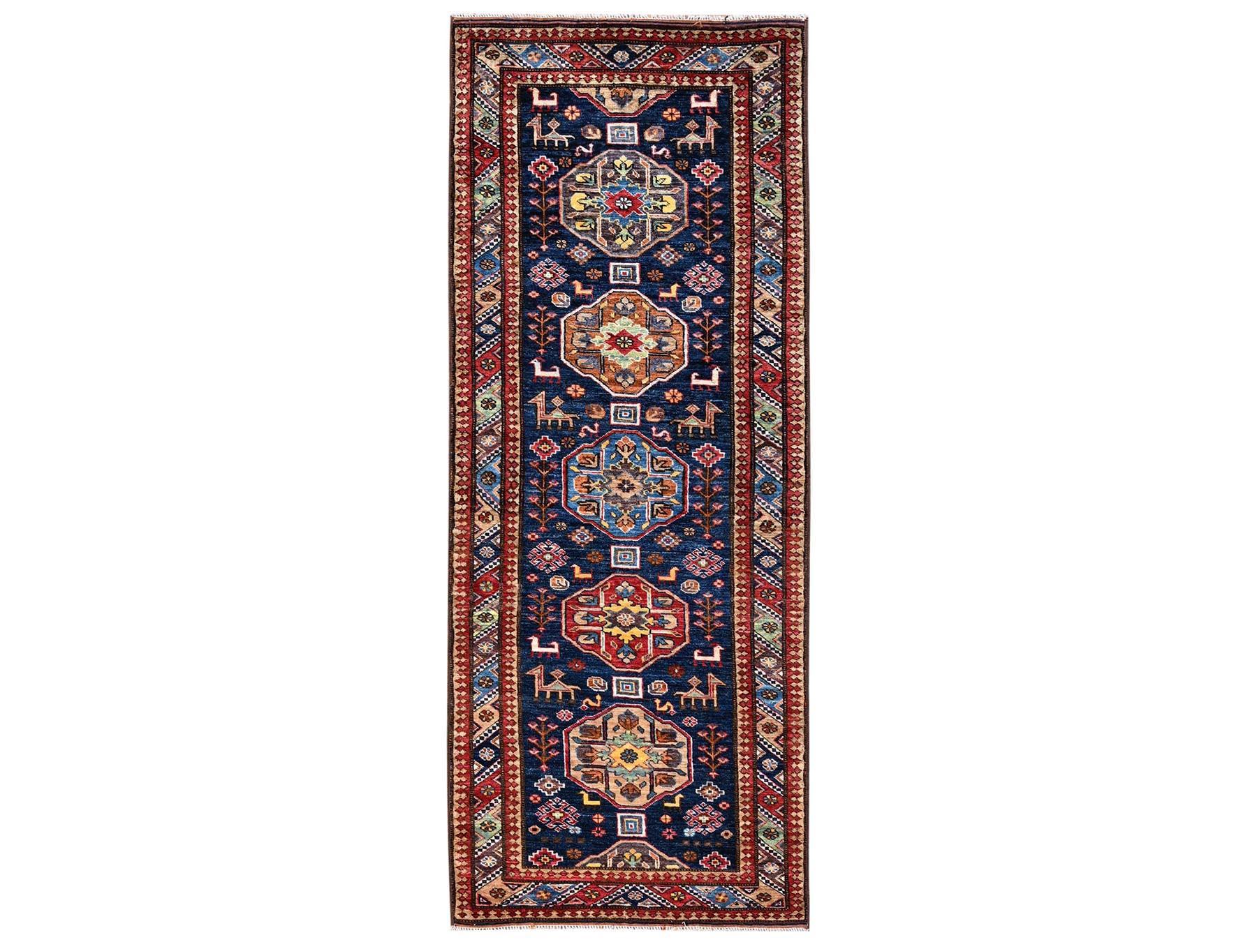 2'9"x7'2" Yale Blue, Hand Knotted, Afghan Ersari with Turkish Knot, Medallions Design, Animal Figurines, Vegetable Dyes, Densely Woven, Soft and Velvety Wool, Runner, Oriental Rug HR2782
