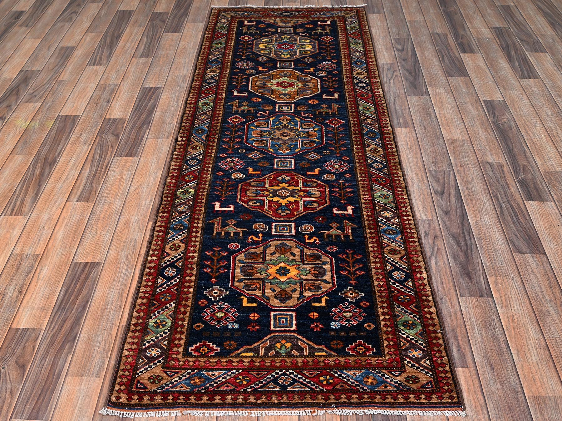 2'9"x7'2" Yale Blue, Hand Knotted, Afghan Ersari with Turkish Knot, Medallions Design, Animal Figurines, Vegetable Dyes, Densely Woven, Soft and Velvety Wool, Runner, Oriental Rug HR2782 - Image 2