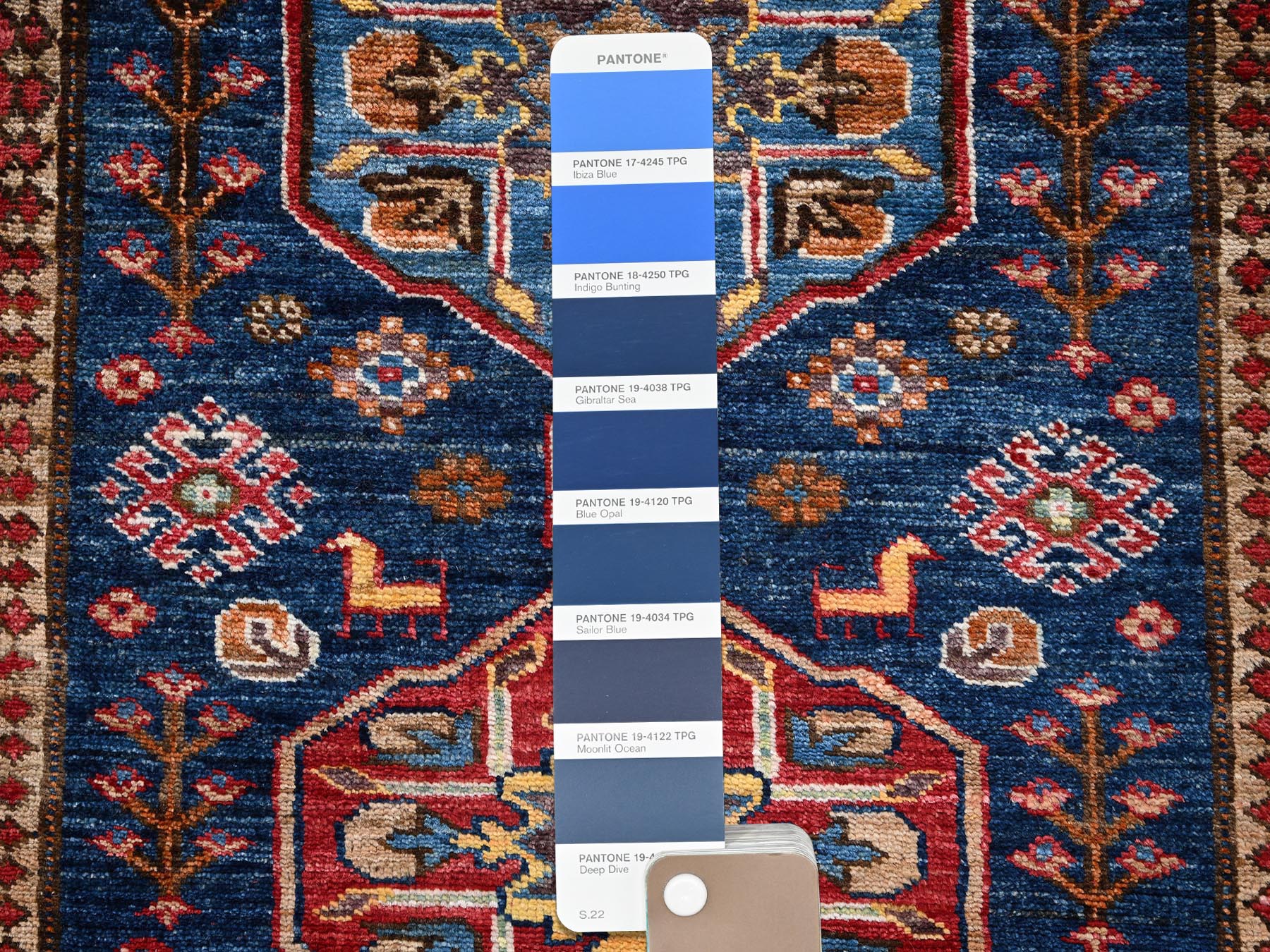 2'9"x7'2" Yale Blue, Hand Knotted, Afghan Ersari with Turkish Knot, Medallions Design, Animal Figurines, Vegetable Dyes, Densely Woven, Soft and Velvety Wool, Runner, Oriental Rug HR2782 - Image 4