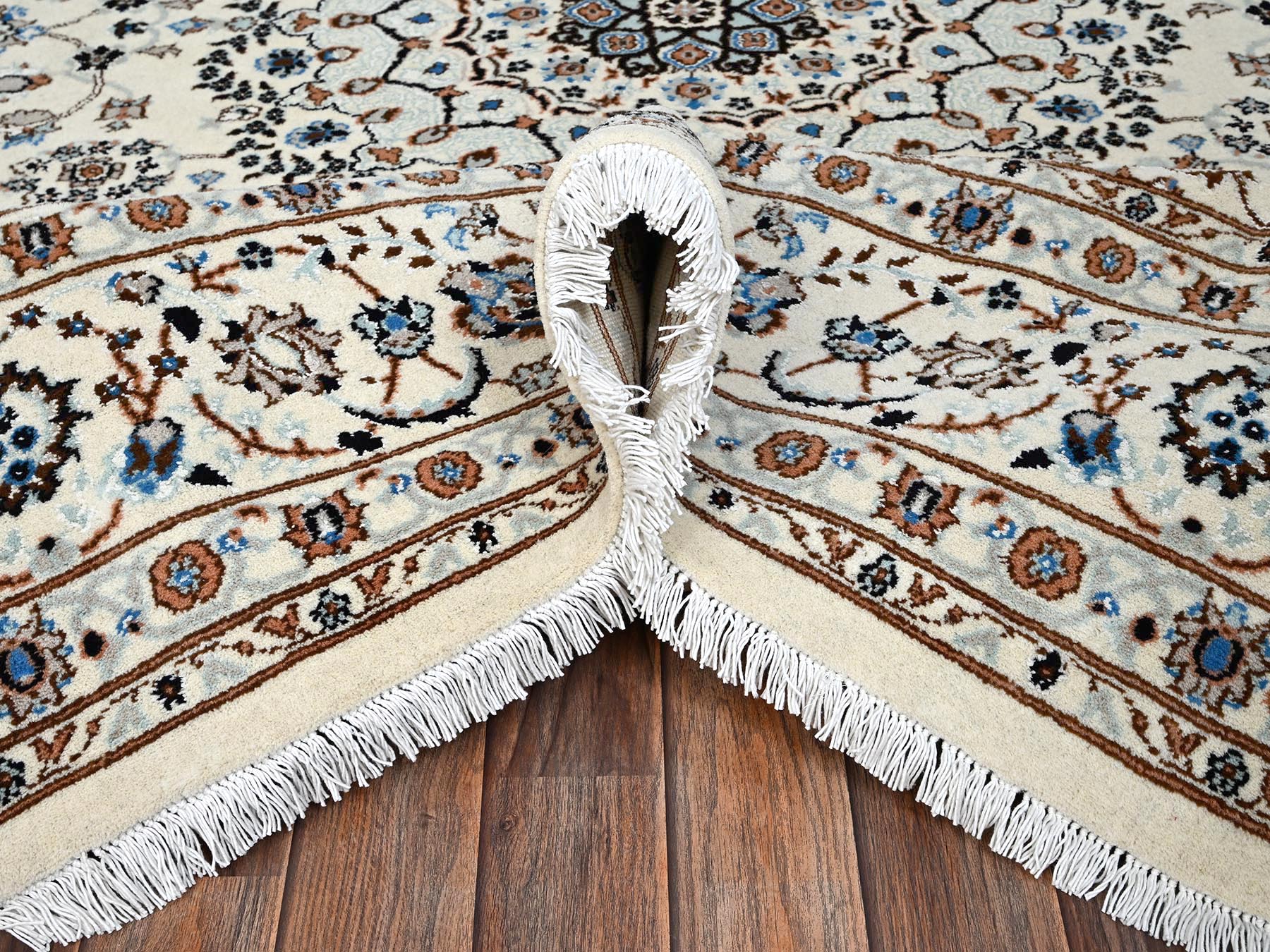 8'x10'1" Cream White, Pak Persian Nain with Flower Medallion Design, Wool and Silk, Hand Knotted, 250 KPSI, Oriental Rug HR2807 - Image 6