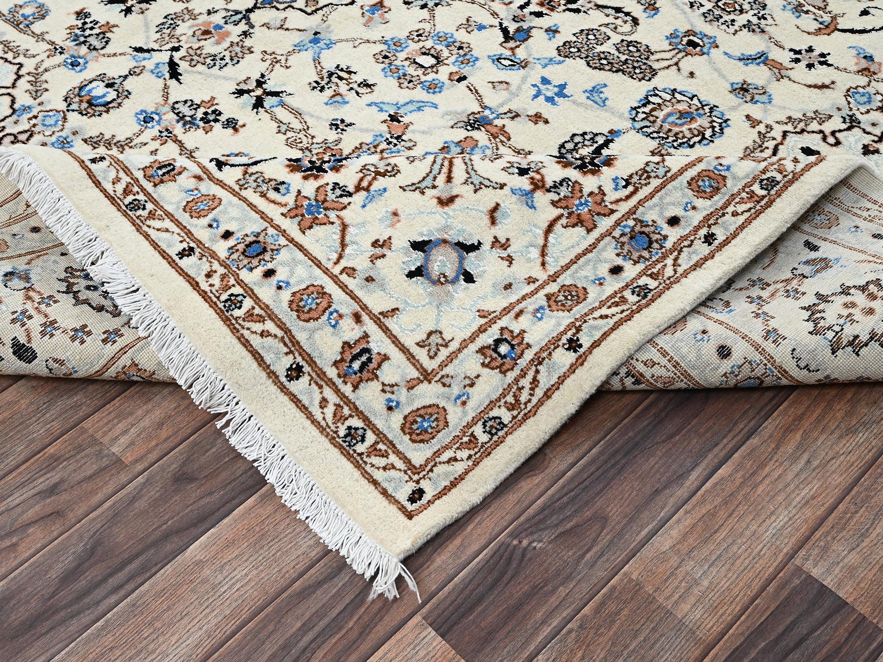 8'x10'1" Cream White, Pak Persian Nain with Flower Medallion Design, Wool and Silk, Hand Knotted, 250 KPSI, Oriental Rug HR2807 - Image 7