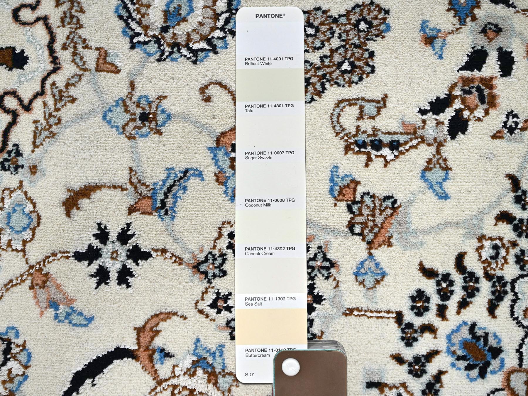 8'x10'1" Cream White, Pak Persian Nain with Flower Medallion Design, Wool and Silk, Hand Knotted, 250 KPSI, Oriental Rug HR2807 - Image 8