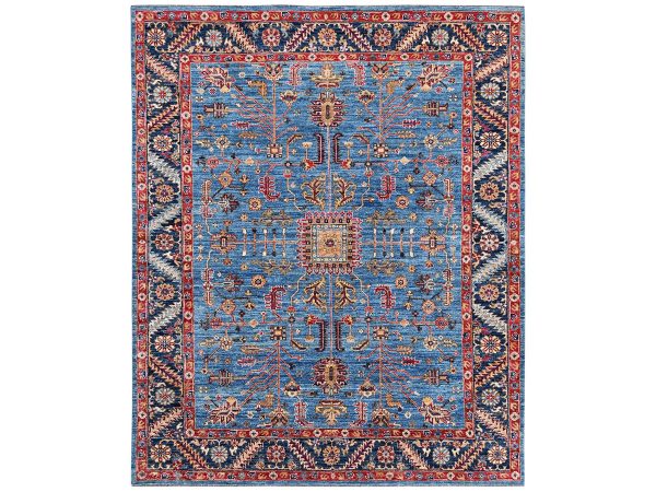 8'2"x10'1" Marlin Blue, Afghan Peshawar with Heriz All Over Design, Hand Knotted, Soft Wool, Densely Woven, Oriental Rug HR2811
