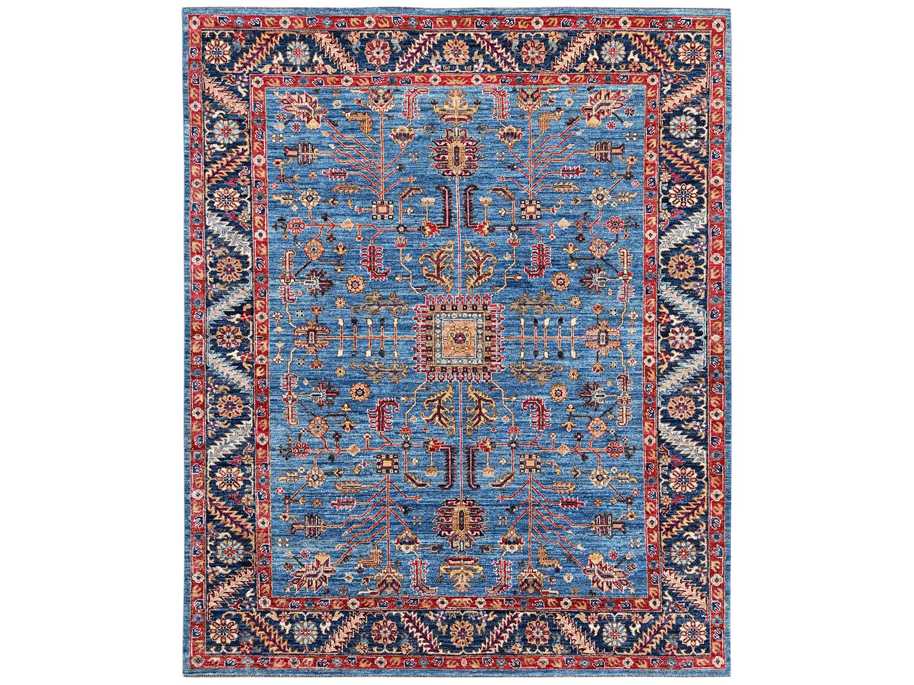 8'2"x10'1" Marlin Blue, Afghan Peshawar with Heriz All Over Design, Hand Knotted, Soft Wool, Densely Woven, Oriental Rug HR2811