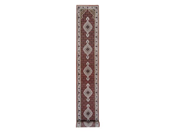 2'6"X16'3" Tabriz Mahi Fish Medallion Design Red Hand Knotted Wool And Silk Oriental XL Runner Rug HR62509