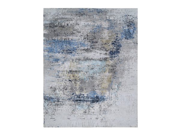 7'10"x10' Gray, Denser Weave Wool and Silk Hand Knotted, Modern Abstract Design Soft Pile, Oriental Rug HR64184