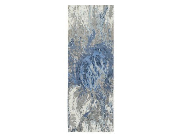 4'2"x11'9" Gray with Blue, Modern Abstract Design Hi-low Pile, Wool and Silk Hand Knotted, Wide Runner Oriental Rug HR64551