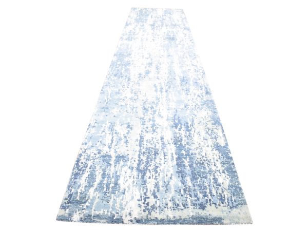 3'8"x17'2" Shades of Blue Hand Knotted Abstract Design Wool and Real Silk Wide Runner Oriental Rug HR66984