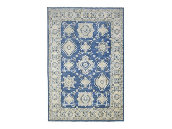 6'x8'8" Denim Blue, Organic Wool Hand Knotted, Fine Peshawar with Geometric Design Natural Dyes, Oriental Rug HR70004