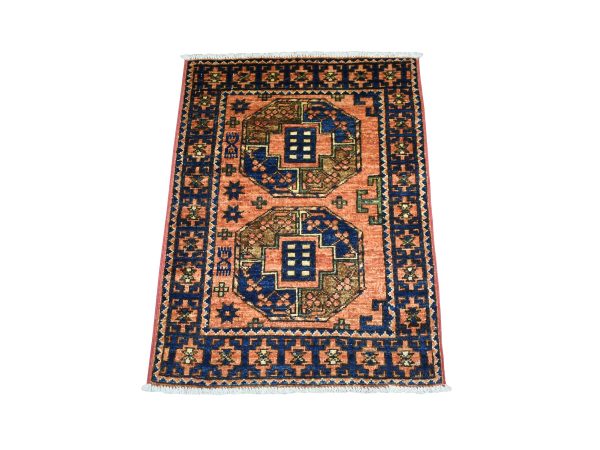 2'1"x3' Orange Afghan Ersari with Elephant Feet Desgin Hand Knotted, Natural Dyes, Ghazni Wool Oriental Rug HR70658