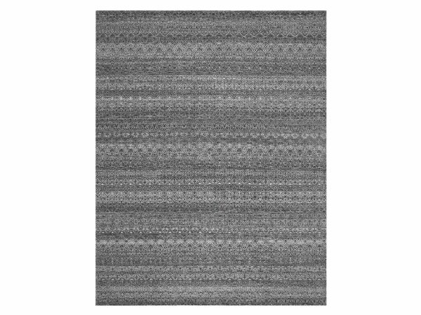 9'2"x11'10" Phantom Black, Kohinoor Herat Small Geometric Repetitive Design, Tone On Tone, Hand Knotted, Soft Wool, Oriental Rug HR75545