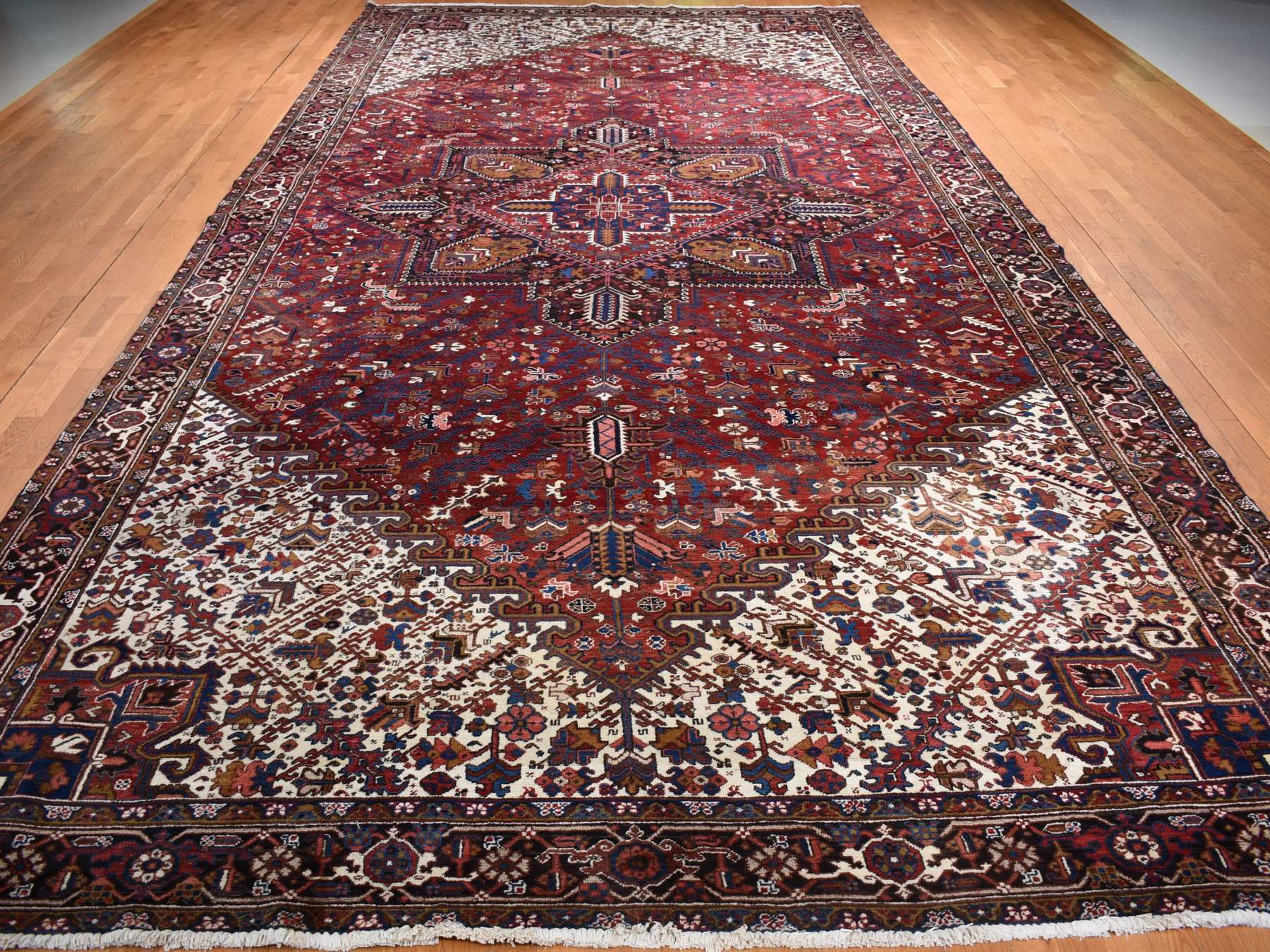 10'9"x22'5" Claret Red, Semi Antique Persian Heriz, Full Pile, Clean and in Excellent Condition, Rare Long and Narrow Gallery Size, Thick and Plush, 100% Wool Hand Knotted, Oriental Rug HR78172 - Image 3