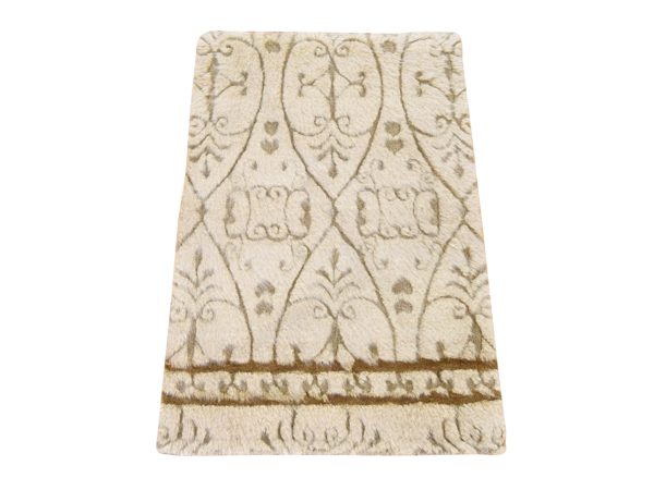 2'x3'2" Beige, High and Low Textured Design, Natural Undyed Wool, Hand Knotted, Mat, Sample, Oriental Rug HR78472