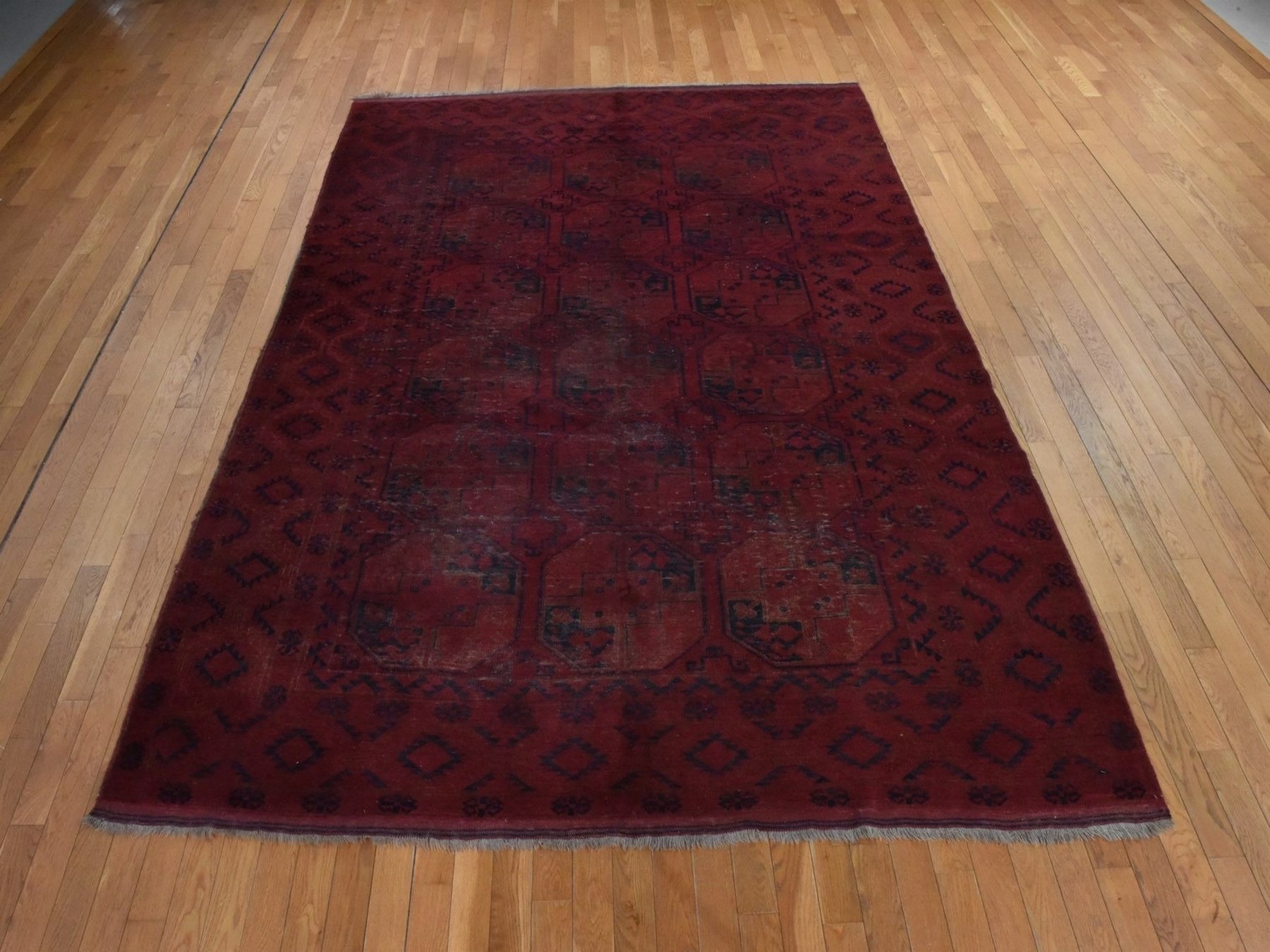 7'8"x11' Scarlet Red, Vintage Afghan Beshir, Elephant Feet Design, Areas of Wear, Clean, 100% Wool, Hand Knotted, Oriental Rug HR78590 - Image 2