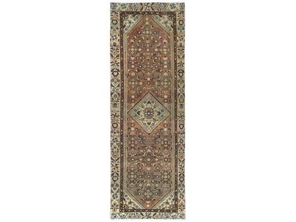 3'4"x10' Almond Brown, Vintage Persian Hamadan with Geometric Medallion, Pure Wool Hand Knotted, Clean, Cropped Thin, Wide Runner Oriental Rug HR81851
