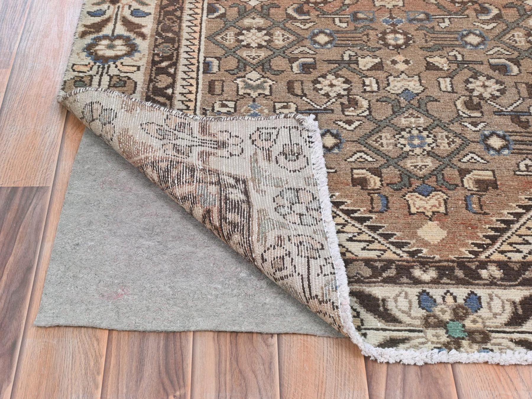 3'4"x10' Almond Brown, Vintage Persian Hamadan with Geometric Medallion, Pure Wool Hand Knotted, Clean, Cropped Thin, Wide Runner Oriental Rug HR81851 - Image 3