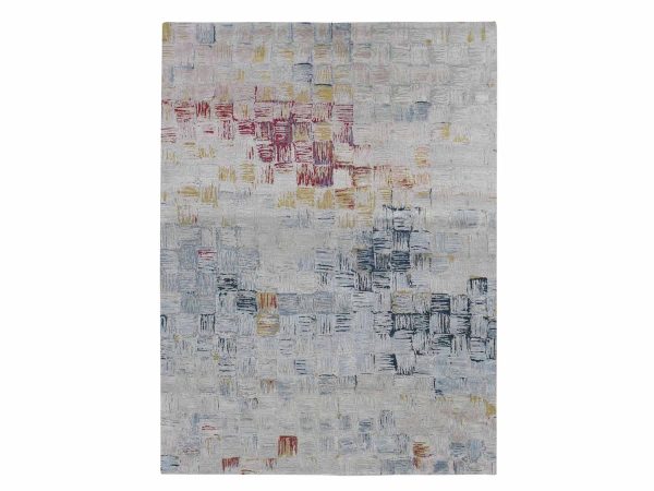 8'10"x12' Silver Chalice Gray, THE STRIPED SQUARES, Wool and Pure Silk, Hand Knotted, Oriental Rug HR87142