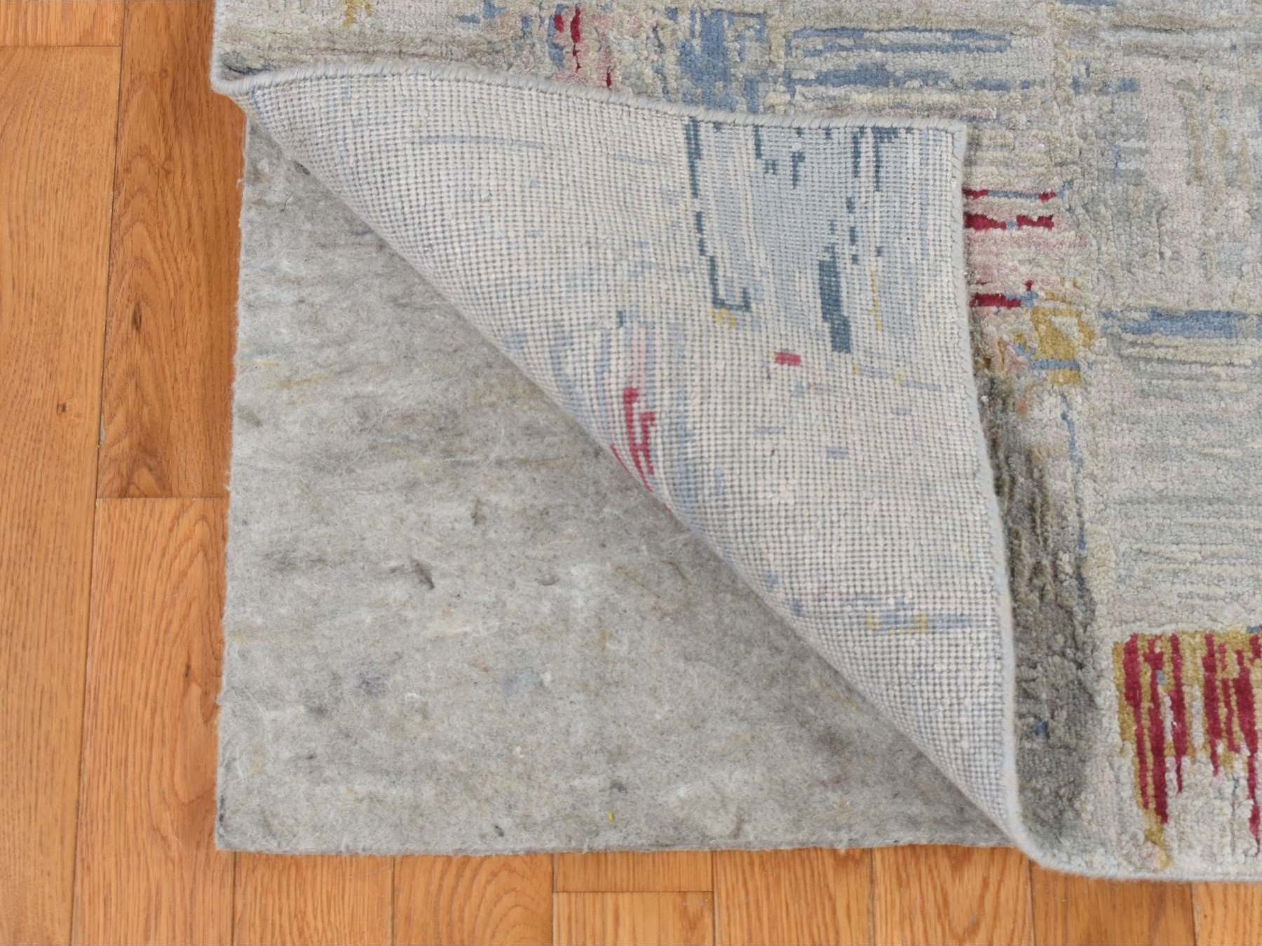 8'10"x12' Silver Chalice Gray, THE STRIPED SQUARES, Wool and Pure Silk, Hand Knotted, Oriental Rug HR87142 - Image 4