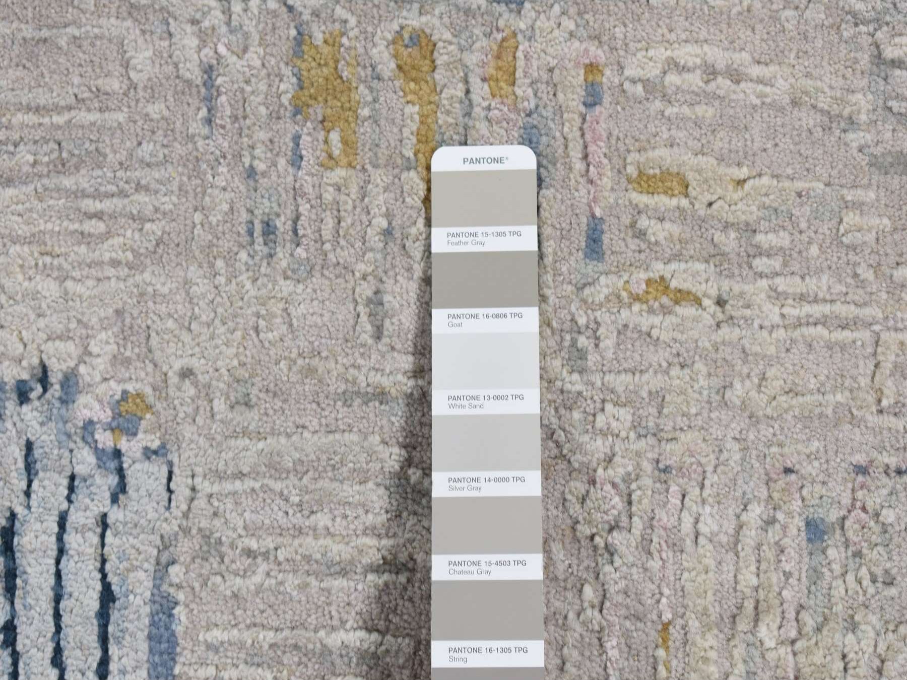 8'10"x12' Silver Chalice Gray, THE STRIPED SQUARES, Wool and Pure Silk, Hand Knotted, Oriental Rug HR87142 - Image 7