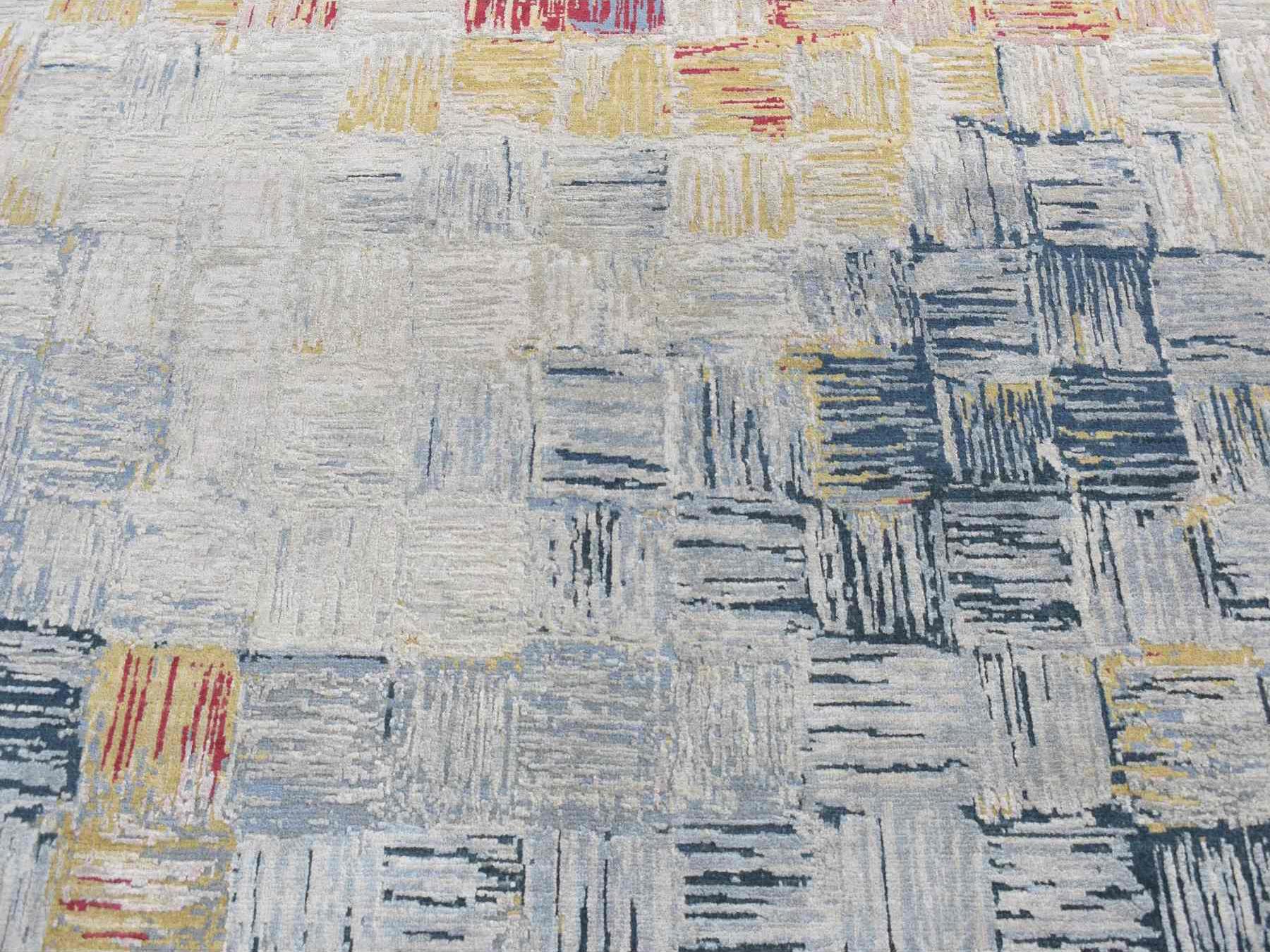 8'10"x12' Silver Chalice Gray, THE STRIPED SQUARES, Wool and Pure Silk, Hand Knotted, Oriental Rug HR87142 - Image 8