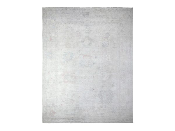12'x15' Alabaster White, Afghan Angora Oushak with Faded Out Leaf Design, Hand Knotted, 100% Wool, XL, Oversized, Oriental Rug HR88026