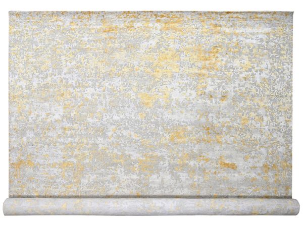 12'x14'9" Beige with Gold, Abstract Design, Wool and Silk, Hi-Low Pile, Hand Knotted, Densely Woven, Oversized, Oriental Rug HR10208