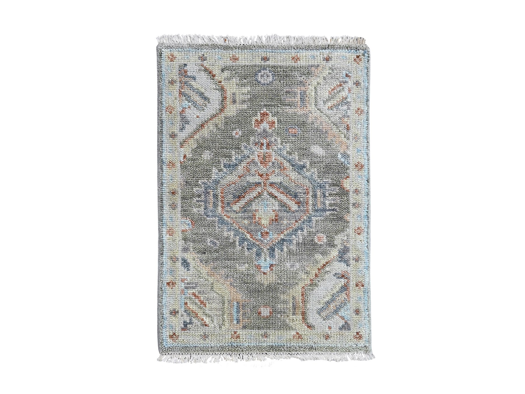2'x3' Sage Green, Supple Collection, Oushak Design, Soft and Velvety Wool, Hand Knotted, Vegetable Dyes, Mat, Sample, Oriental Rug HR10468