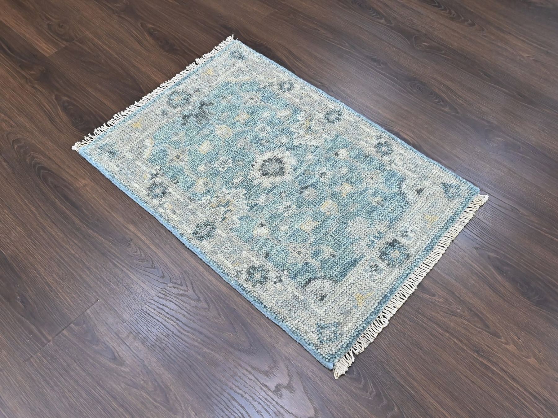 2'x3' Powder Blue, Oushak Design, Supple Collection, Hand Knotted, Shiny Wool Pile, Vegetable Dyes, Mat, Sample, Oriental Rug HR10495 - Image 2