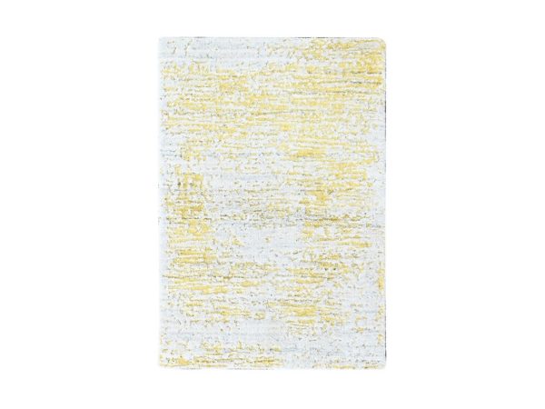 2'1"x3' Macaroon Yellow, Textured Pile, Hand Loomed, Wool and Plant Based Silk, Modern Design, Sample, Mat, Oriental Rug HR10503