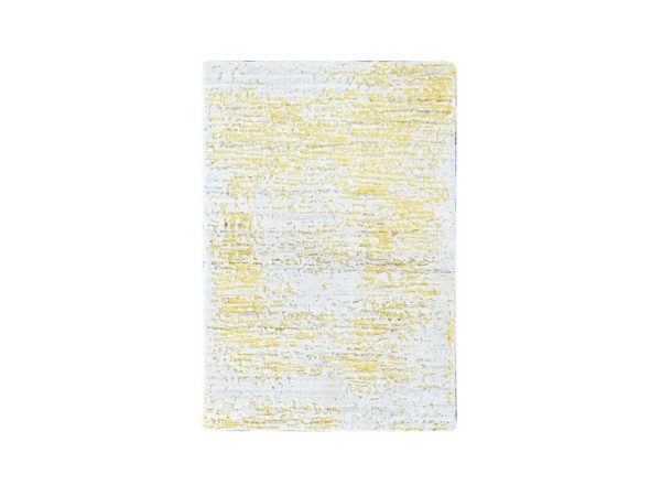 2'1"x3' Macaroon Yellow, Wool and Plant Based Silk, Hand Loomed, Textured Pile, Modern Design, Sample, Mat, Oriental Rug HR10504