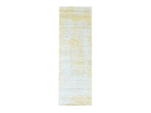 2'6"x8' Macaroon Yellow, Hand Loomed, Wool and Plant Based Silk, Textured Pile, Modern Design, Narrow Runner, Oriental Rug HR10505
