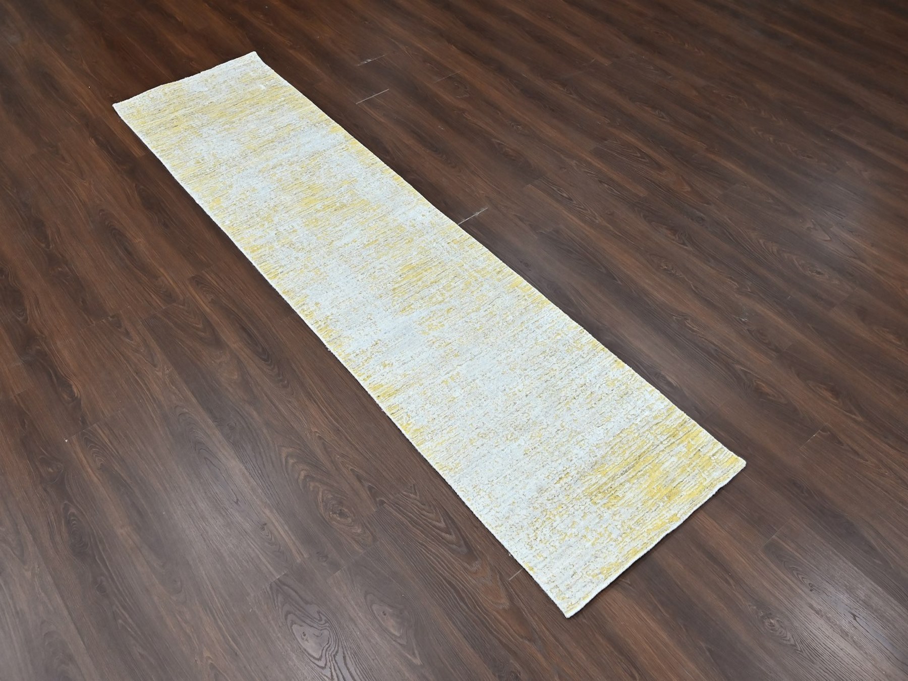 2'6"x10' Macaroon Yellow, Wool and Plant Based Silk, Hand Loomed, Textured Pile, Modern Design, Narrow Runner, Oriental Rug HR10507 - Image 2