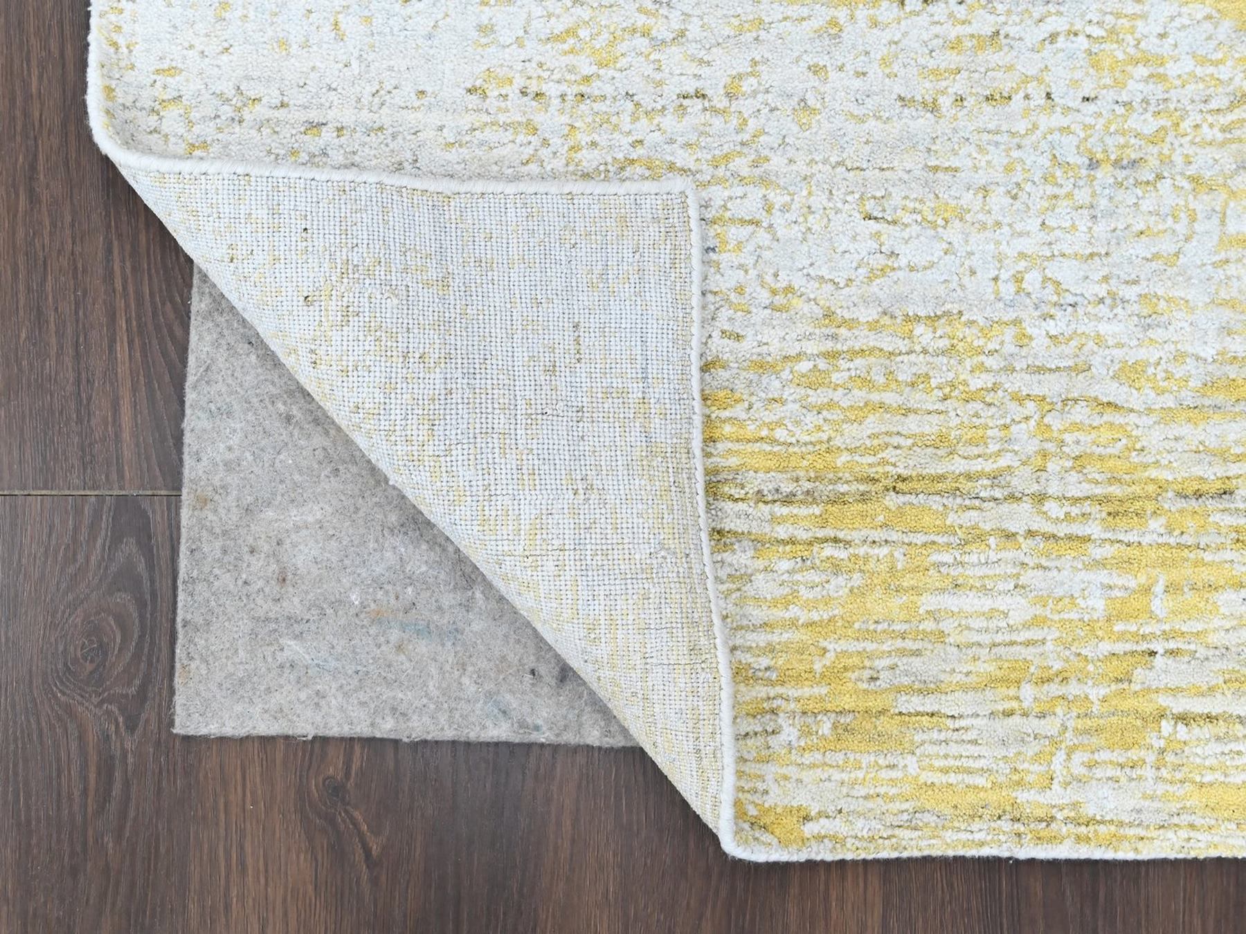 2'6"x10' Macaroon Yellow, Wool and Plant Based Silk, Hand Loomed, Textured Pile, Modern Design, Narrow Runner, Oriental Rug HR10507 - Image 3