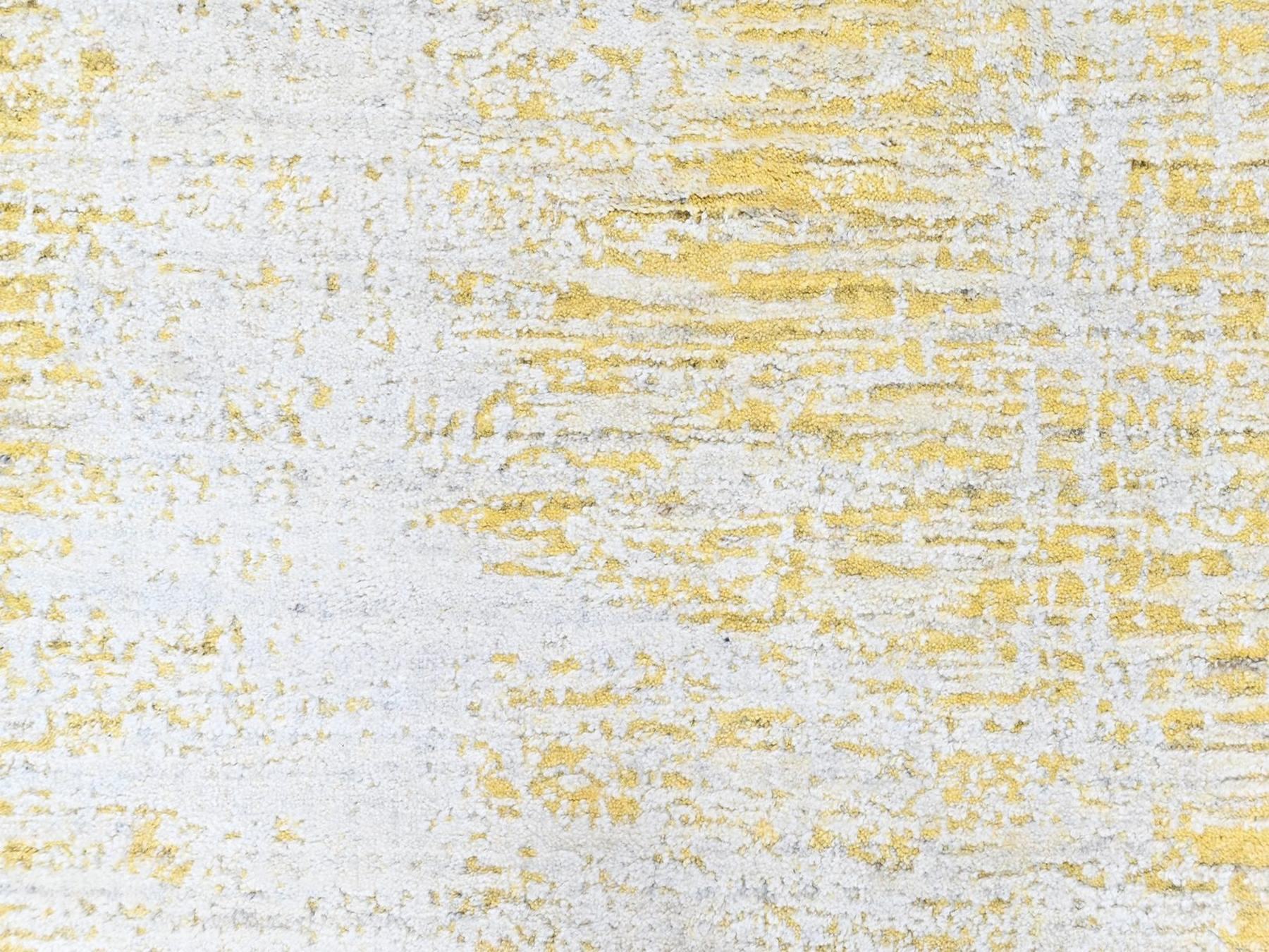 2'6"x10' Macaroon Yellow, Wool and Plant Based Silk, Hand Loomed, Textured Pile, Modern Design, Narrow Runner, Oriental Rug HR10507 - Image 5