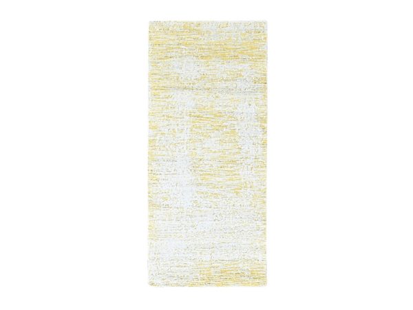 2'7"x6'1" Macaroon Yellow, Hand Loomed, Wool and Plant Based Silk, Textured Pile, Modern Design, Narrow Runner, Oriental Rug HR10509