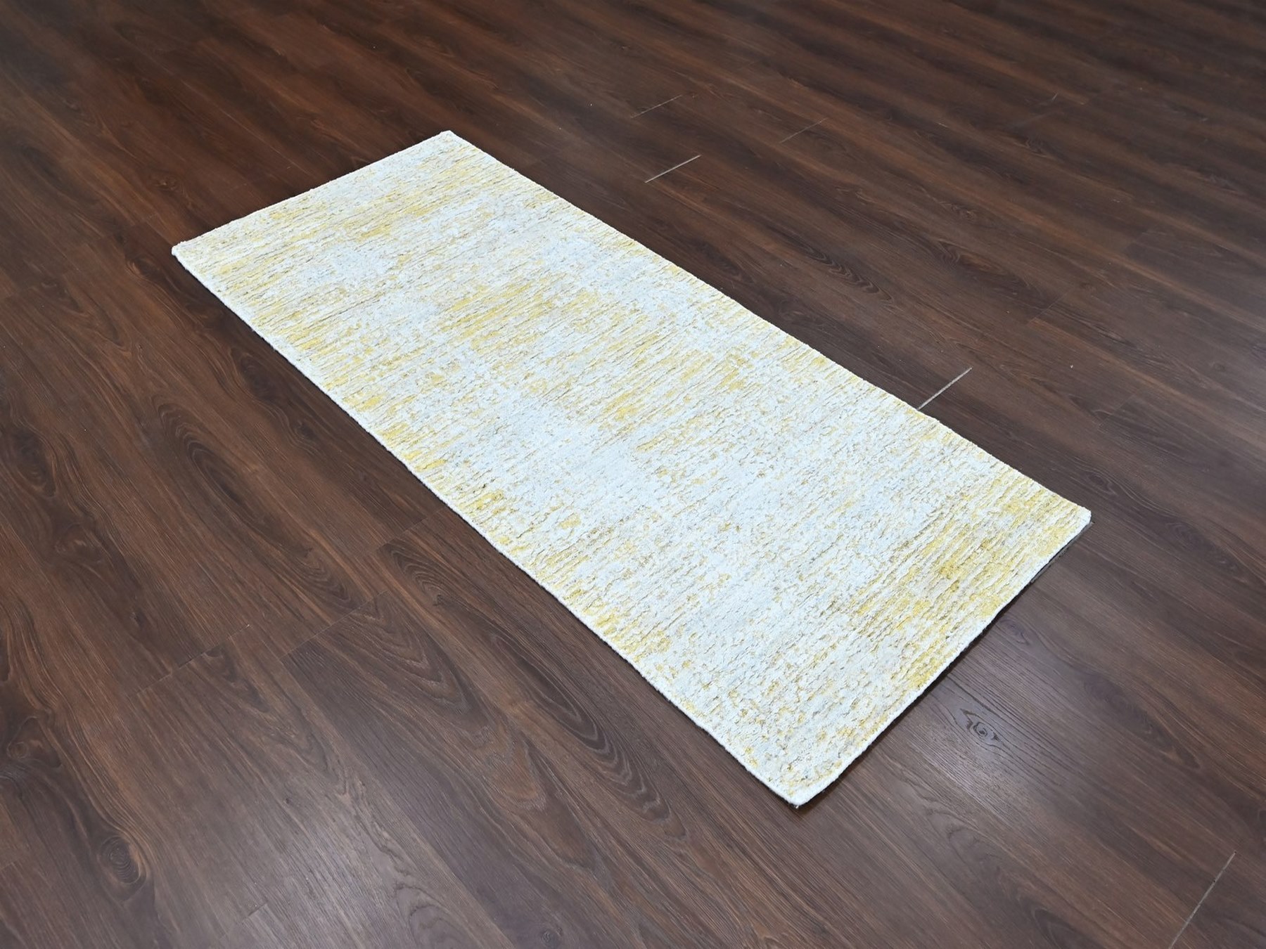 2'7"x6'1" Macaroon Yellow, Hand Loomed, Wool and Plant Based Silk, Textured Pile, Modern Design, Narrow Runner, Oriental Rug HR10509 - Image 2