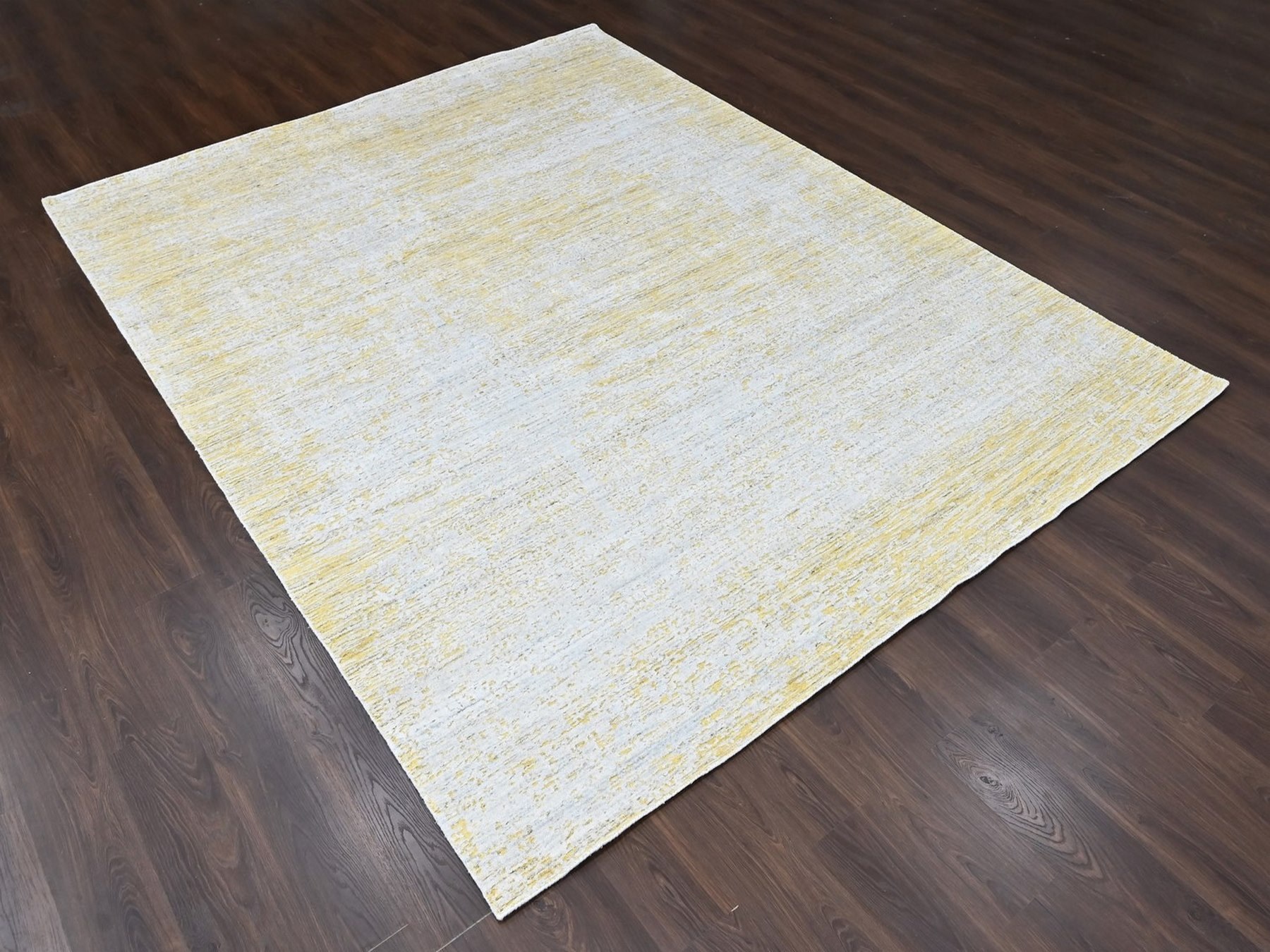 9'1"x12'1" Macaroon Yellow, Wool and Plant Based Silk, Textured Pile, Hand Loomed, Modern Design, Oriental Rug HR10513 - Image 3