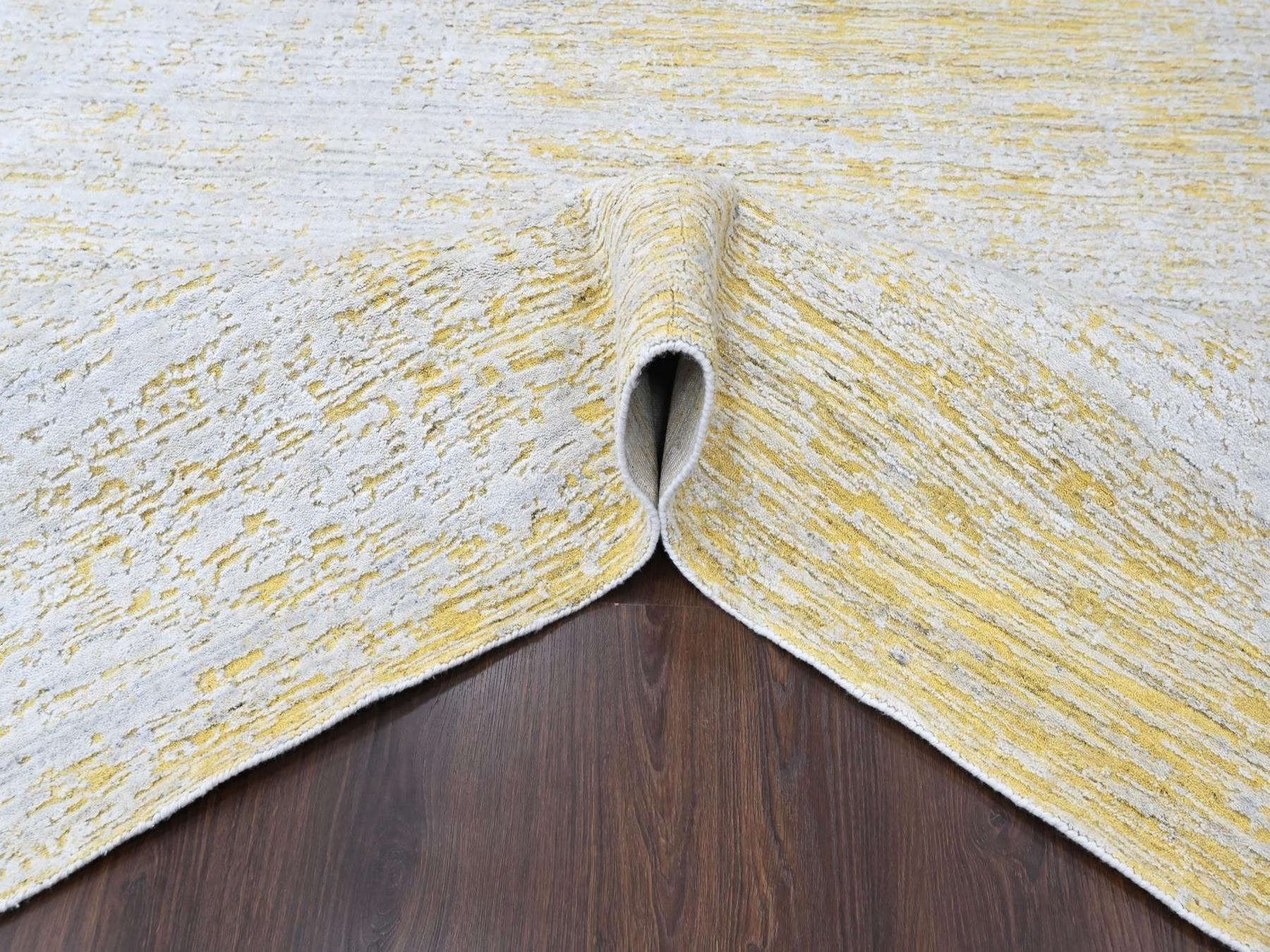 9'1"x12'1" Macaroon Yellow, Wool and Plant Based Silk, Textured Pile, Hand Loomed, Modern Design, Oriental Rug HR10513 - Image 5