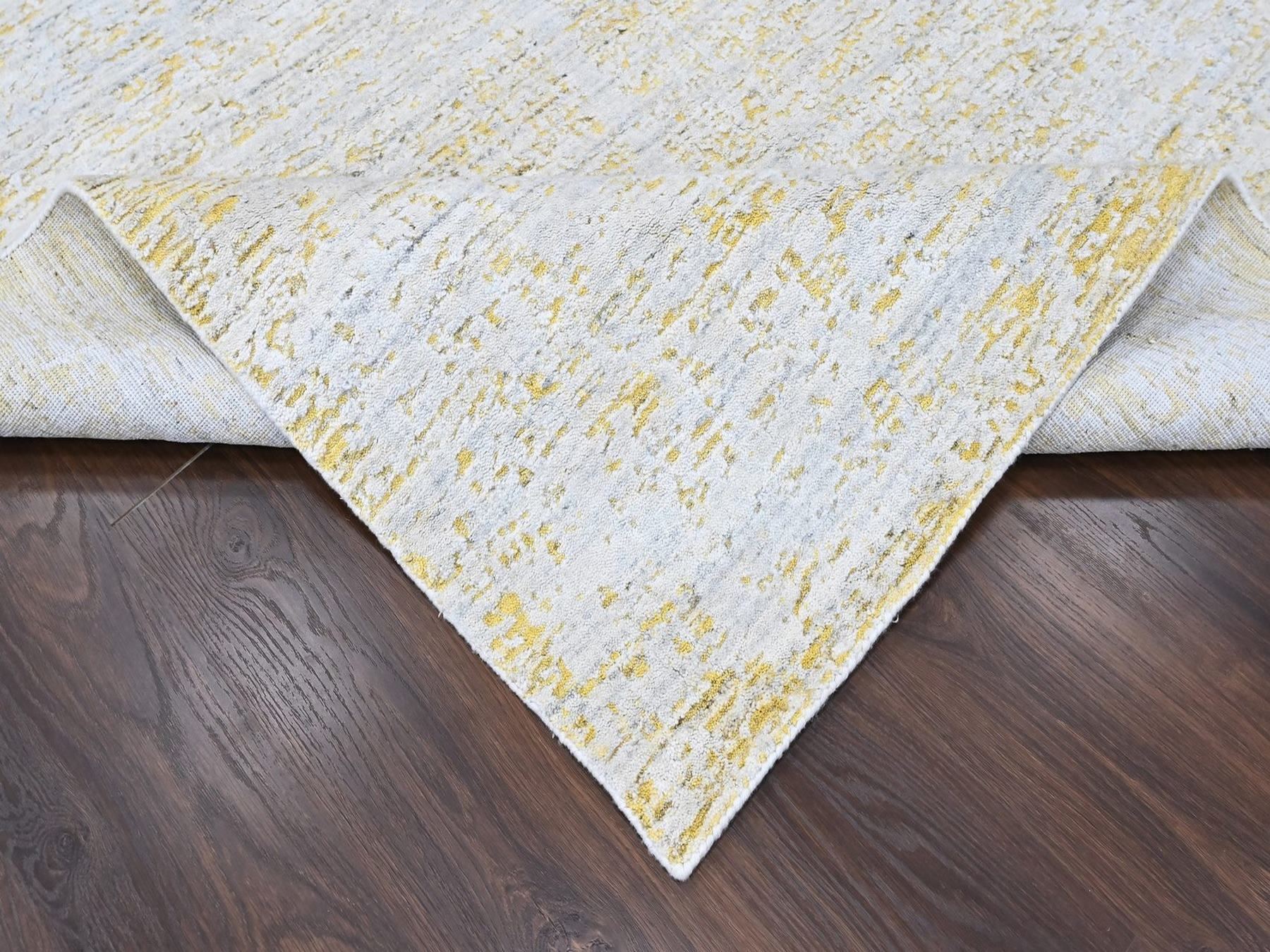 9'1"x12'1" Macaroon Yellow, Wool and Plant Based Silk, Textured Pile, Hand Loomed, Modern Design, Oriental Rug HR10513 - Image 6