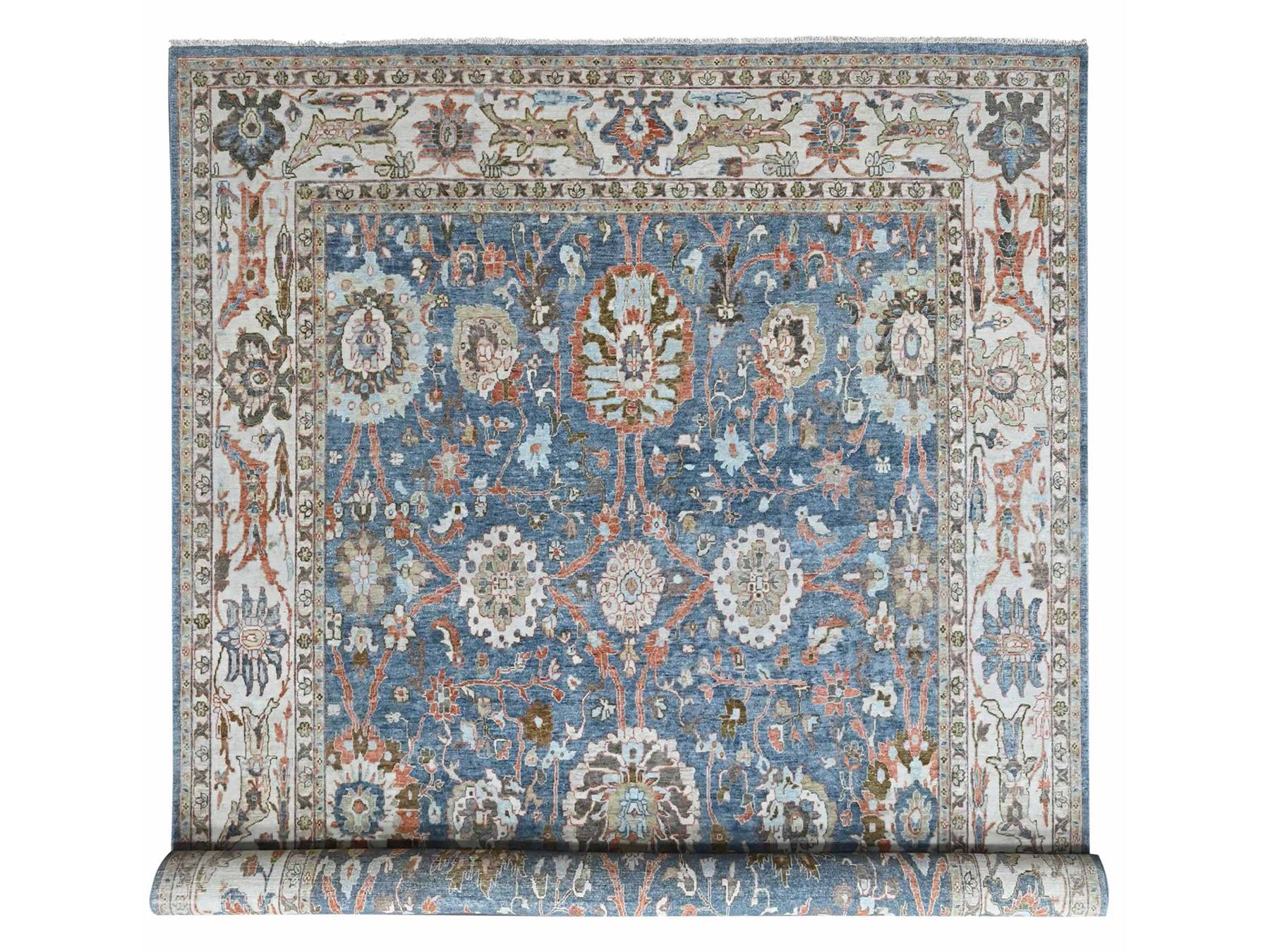 9'6"x13'5" Aegean Blue, Zero Pile, Distressed, Sultanabad with All Over Design, Shaved Low, Vegetable Dyes, Hand Knotted, 100% Wool, Oriental Rug HR10531