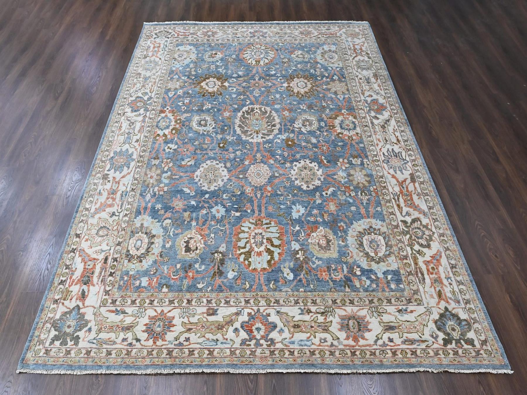 9'6"x13'5" Aegean Blue, Zero Pile, Distressed, Sultanabad with All Over Design, Shaved Low, Vegetable Dyes, Hand Knotted, 100% Wool, Oriental Rug HR10531 - Image 2