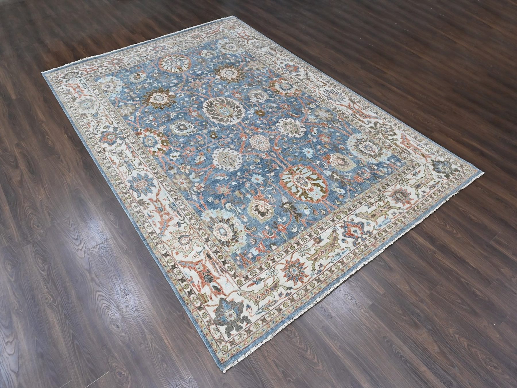 9'6"x13'5" Aegean Blue, Zero Pile, Distressed, Sultanabad with All Over Design, Shaved Low, Vegetable Dyes, Hand Knotted, 100% Wool, Oriental Rug HR10531 - Image 3