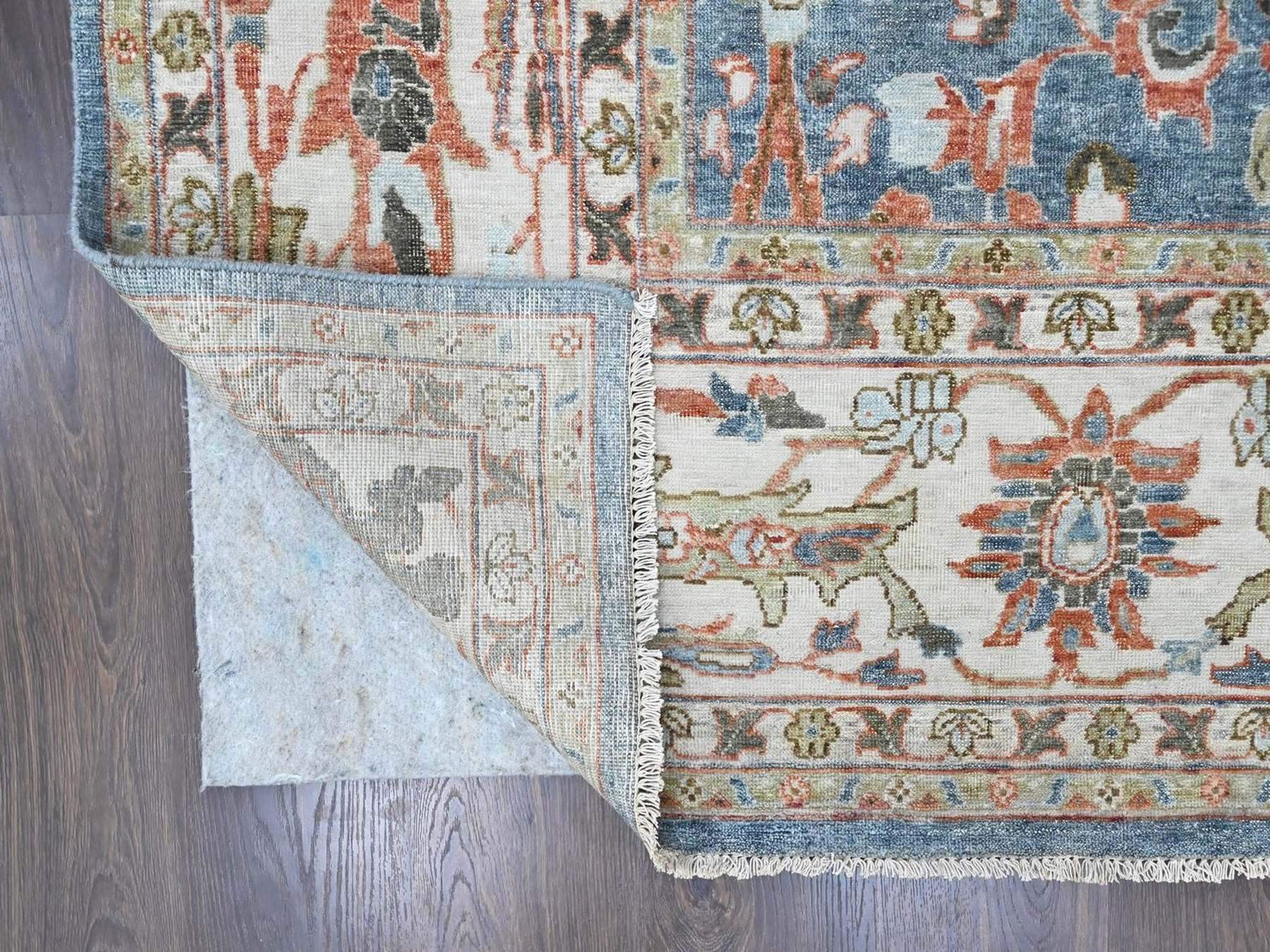 9'6"x13'5" Aegean Blue, Zero Pile, Distressed, Sultanabad with All Over Design, Shaved Low, Vegetable Dyes, Hand Knotted, 100% Wool, Oriental Rug HR10531 - Image 4