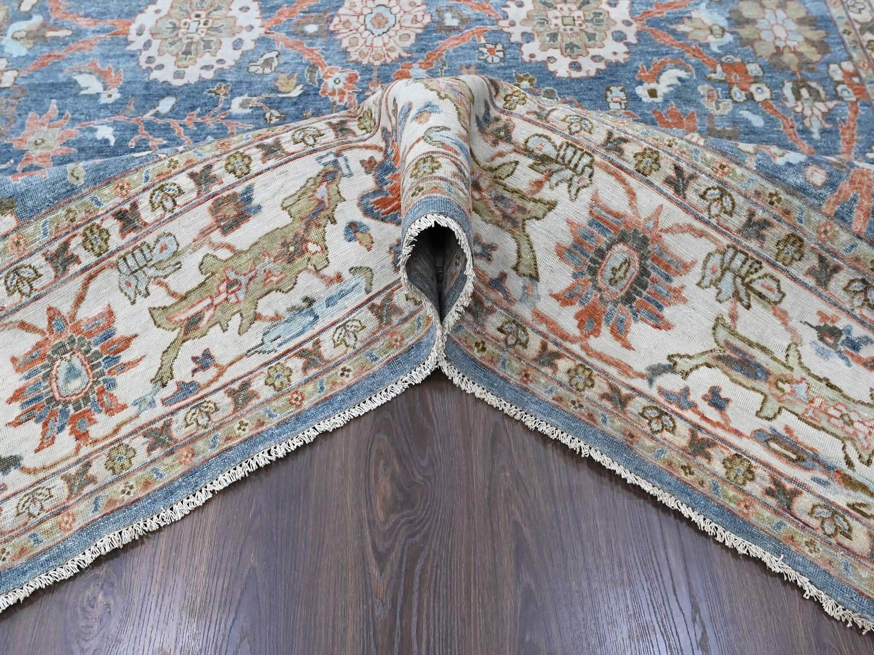 9'6"x13'5" Aegean Blue, Zero Pile, Distressed, Sultanabad with All Over Design, Shaved Low, Vegetable Dyes, Hand Knotted, 100% Wool, Oriental Rug HR10531 - Image 5