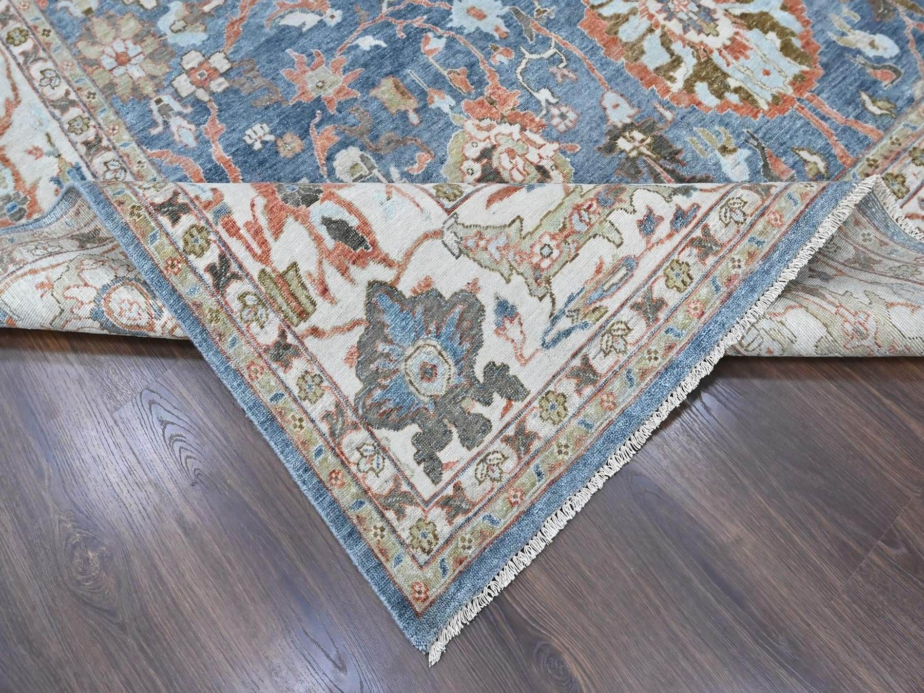 9'6"x13'5" Aegean Blue, Zero Pile, Distressed, Sultanabad with All Over Design, Shaved Low, Vegetable Dyes, Hand Knotted, 100% Wool, Oriental Rug HR10531 - Image 6