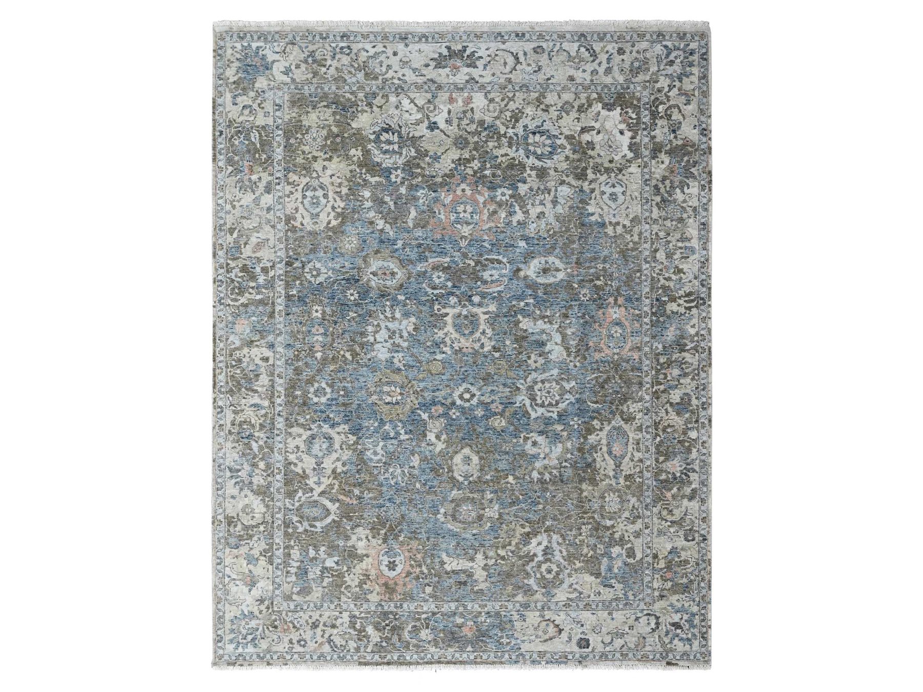 8'4"x11'4" Aegean Blue, Broken and Erased Persian Design, Zero Pile, Distressed, Sheared Low, Vegetable Dyes, Hand Knotted, 100% Wool, Oriental Rug HR10533
