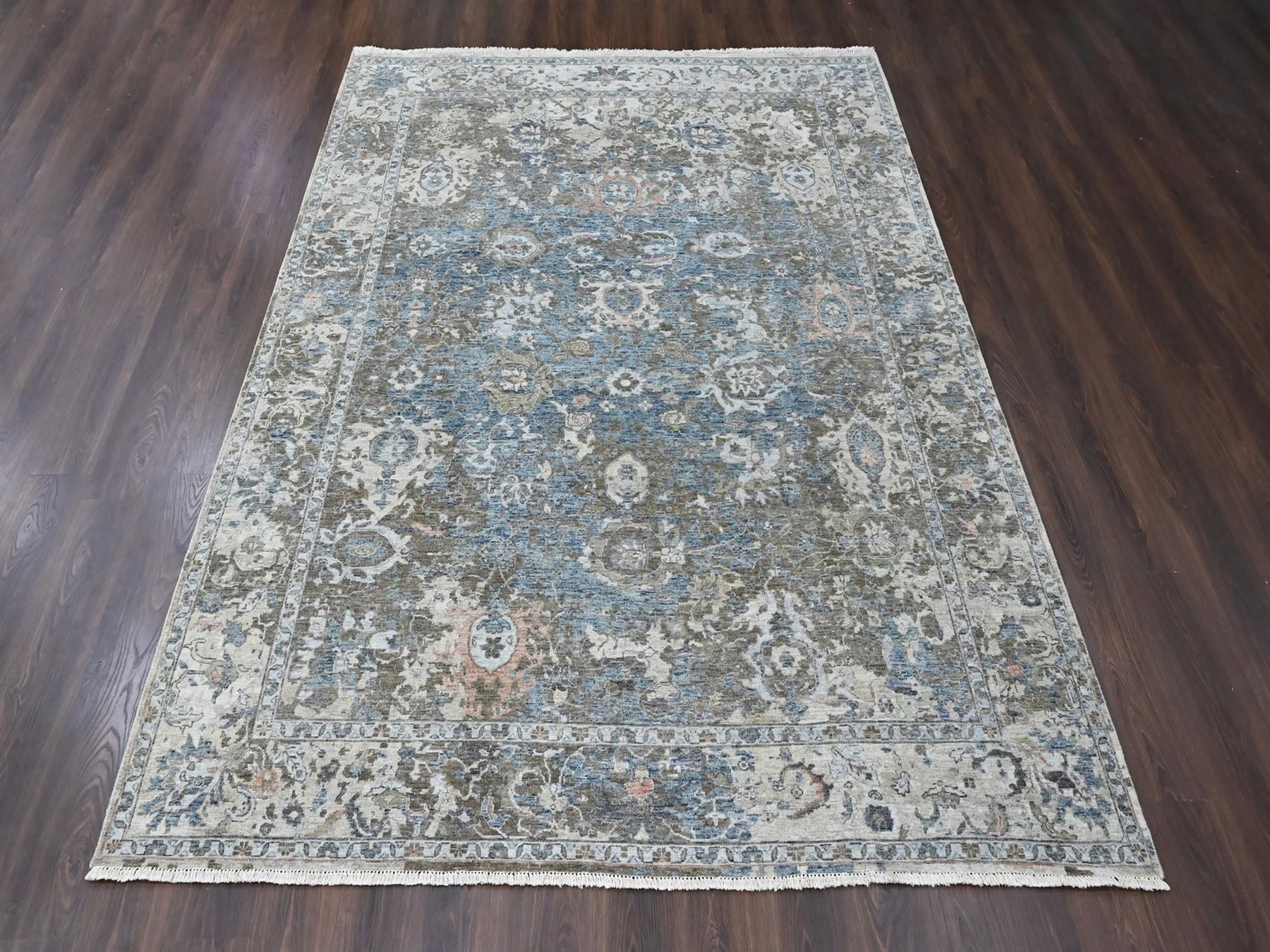 8'4"x11'4" Aegean Blue, Broken and Erased Persian Design, Zero Pile, Distressed, Sheared Low, Vegetable Dyes, Hand Knotted, 100% Wool, Oriental Rug HR10533 - Image 2