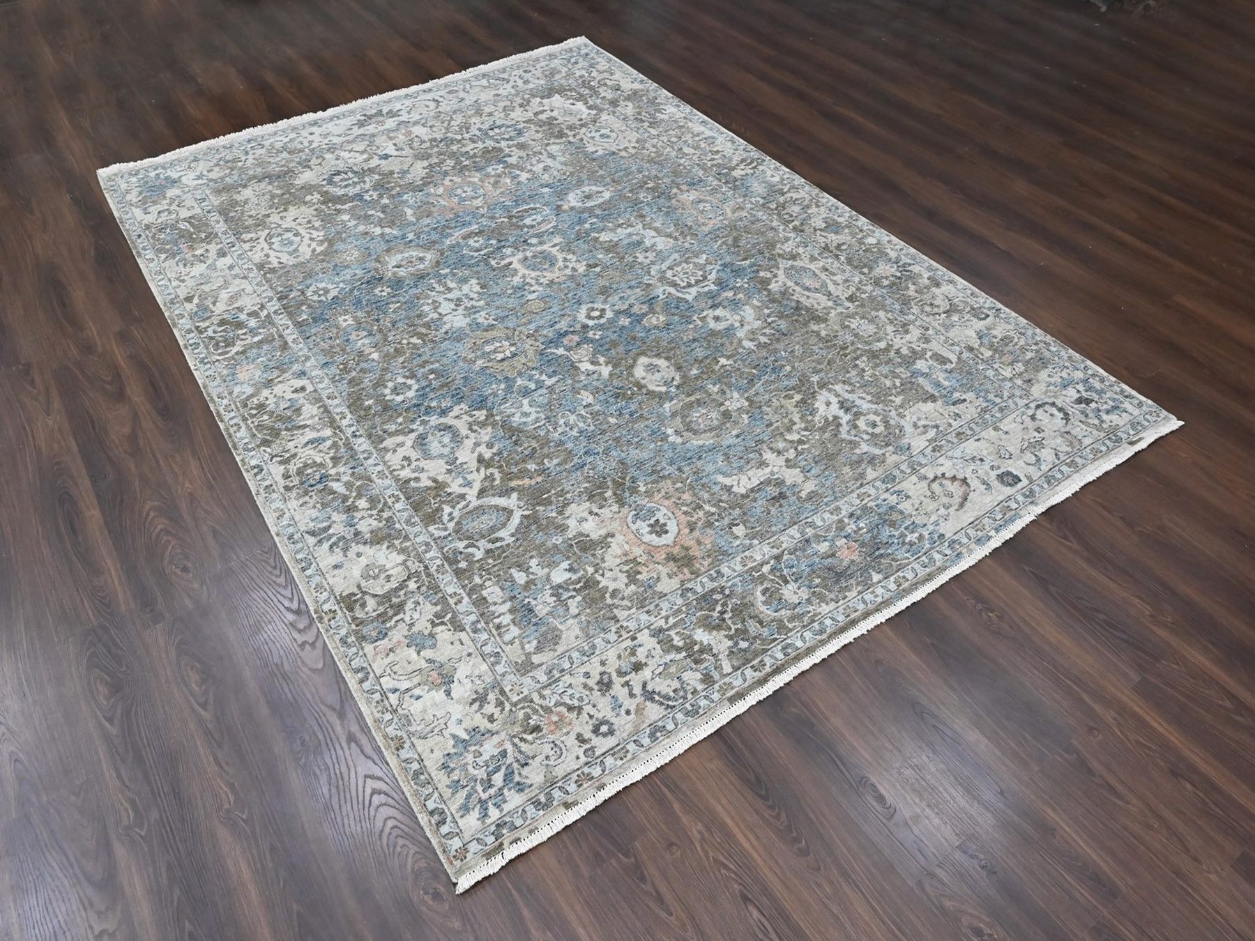8'4"x11'4" Aegean Blue, Broken and Erased Persian Design, Zero Pile, Distressed, Sheared Low, Vegetable Dyes, Hand Knotted, 100% Wool, Oriental Rug HR10533 - Image 3