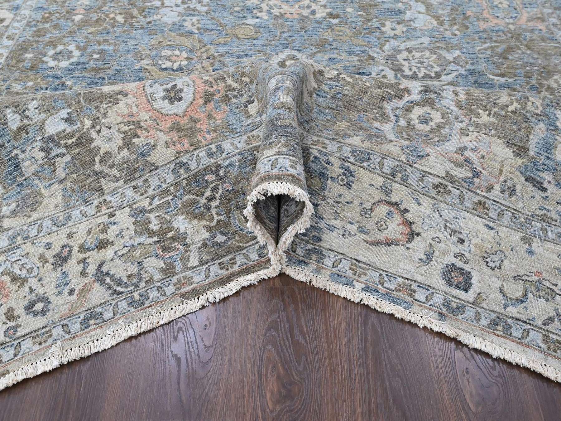 8'4"x11'4" Aegean Blue, Broken and Erased Persian Design, Zero Pile, Distressed, Sheared Low, Vegetable Dyes, Hand Knotted, 100% Wool, Oriental Rug HR10533 - Image 5